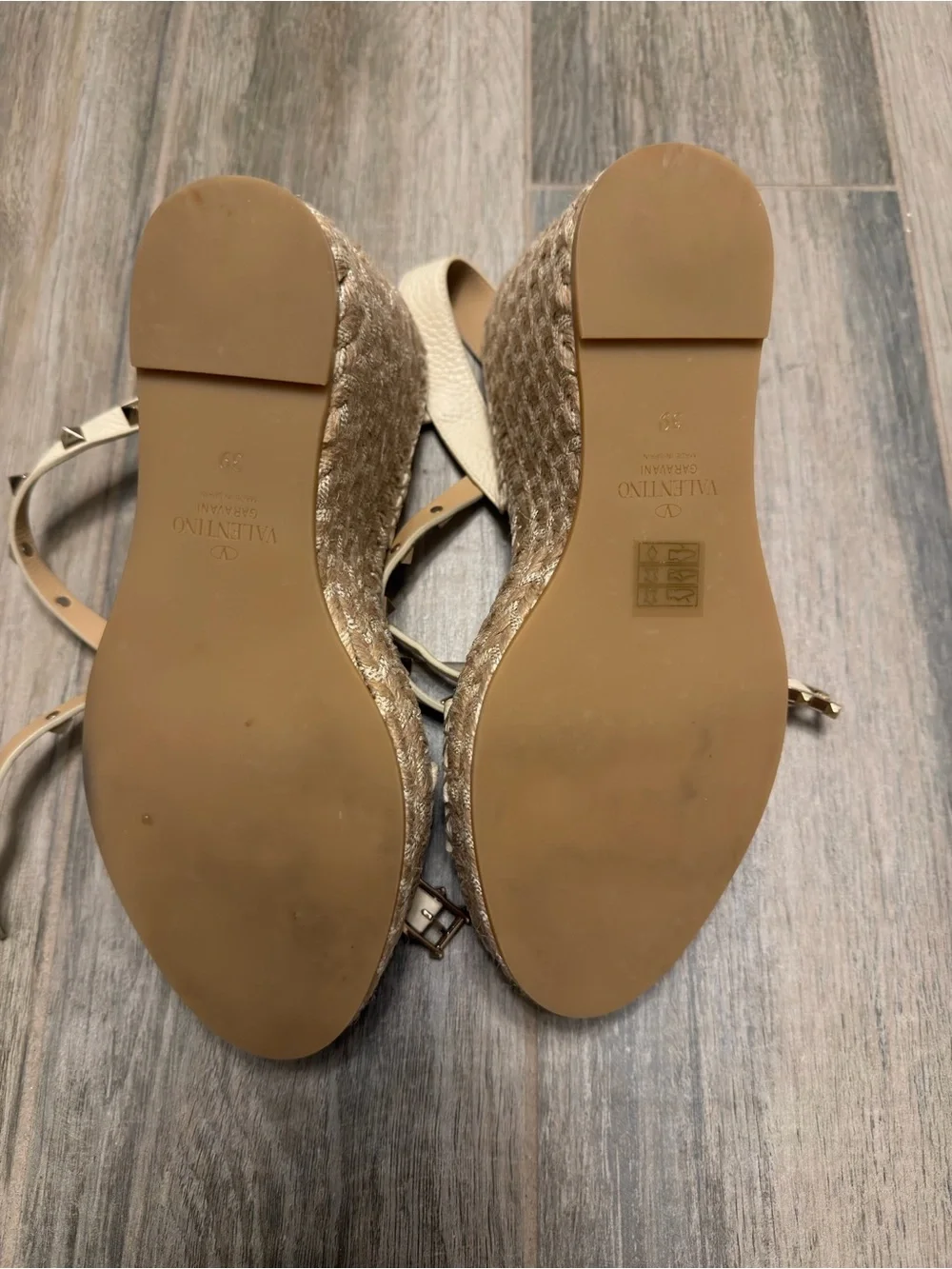 VALENTINO GARAVANI Rockstud 105 textured-leather espadrille wedge sandals